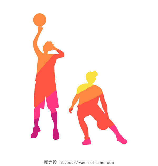 彩色手绘卡通NBA篮球比赛人物运动剪影元素PNG素材